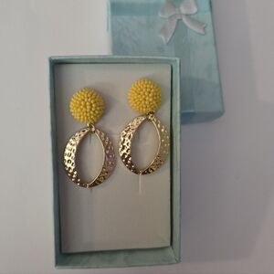 Bright Yellow Beaded Drop Gold Tone Pierced Earrings